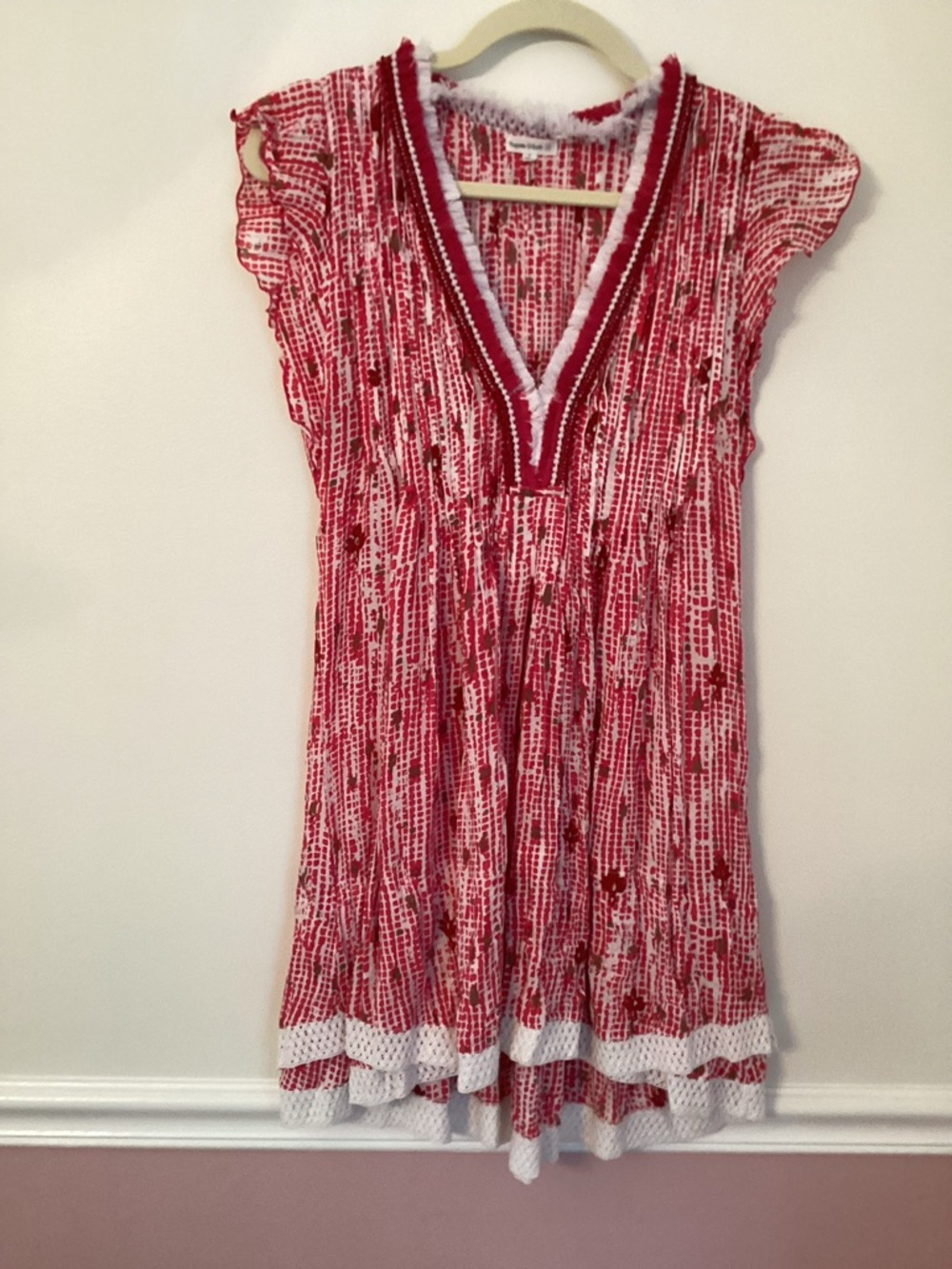 Poupette St. Barth Red and White Printed V-Neck Mini Dress size Small